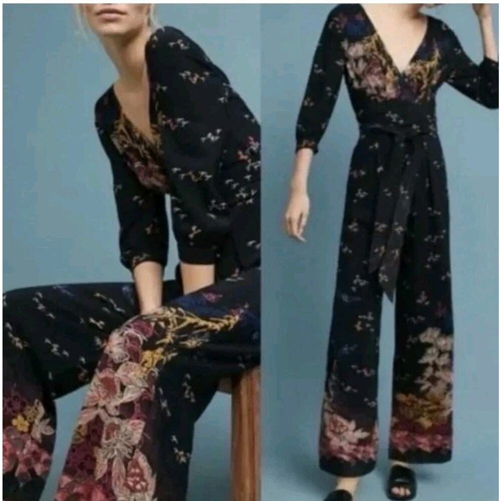 Feather Bone Anthropologie NEW Nara Jumpsuit Women Sz 8 Black Floral Belted Boho
